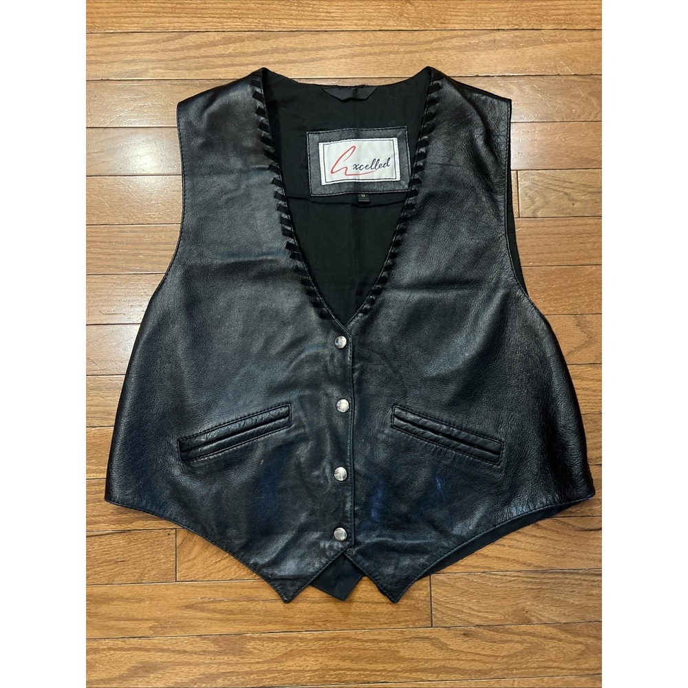 Vintage Excelled Genuine Leather Black Snap Front Vest Women's M Biker Western
